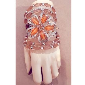 Handmade Orange Beaded Metal Cuff Slip on Bracelet